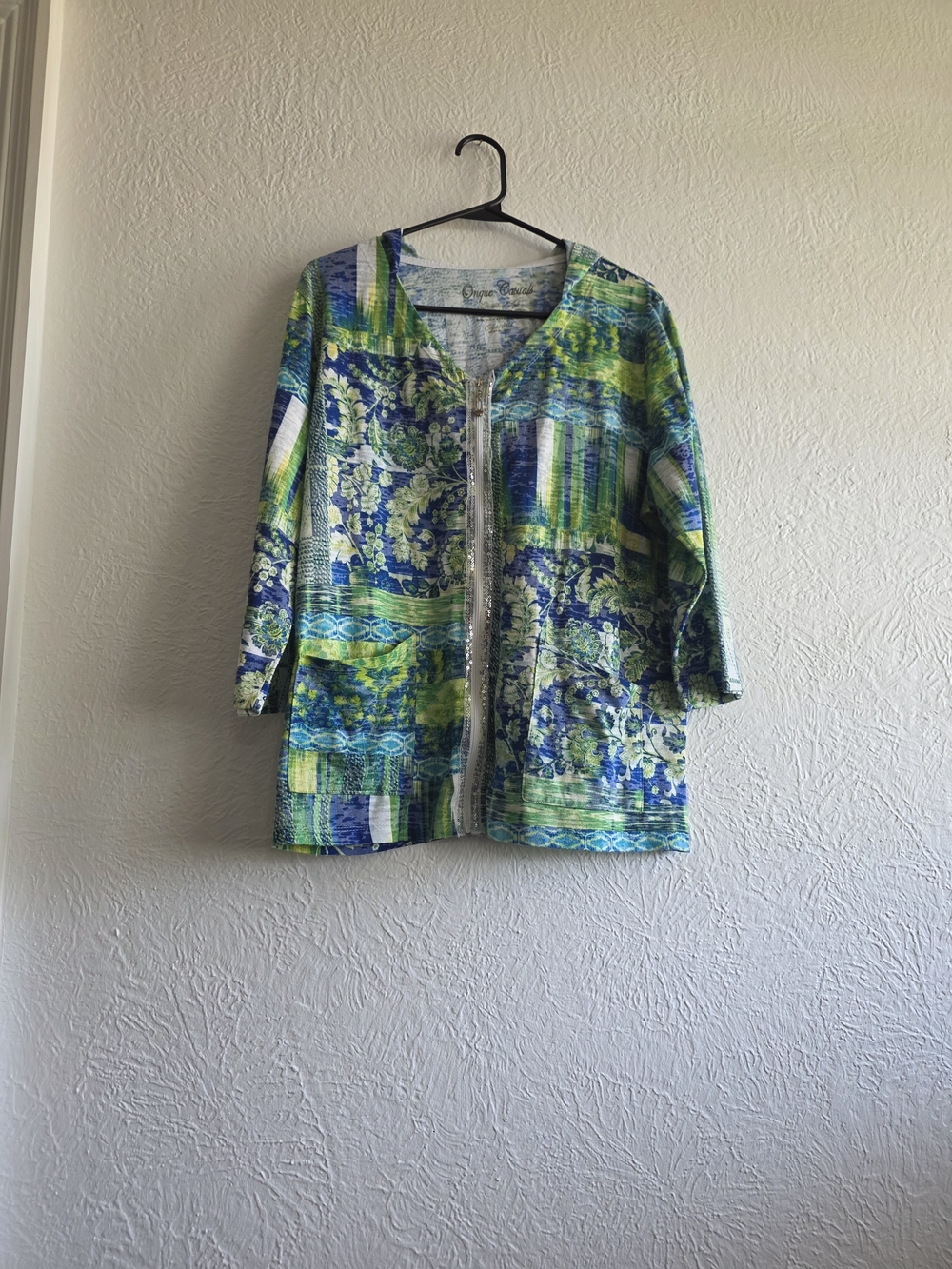 Coastal Grandma Onque Casuals Green & Blue Patchwork Zip-Front Tunic
